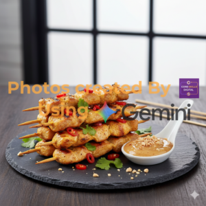 Chicken Satay skewers served on a slate with a side of peanut dipping sauce. Image created using Google Gemini AI technology.